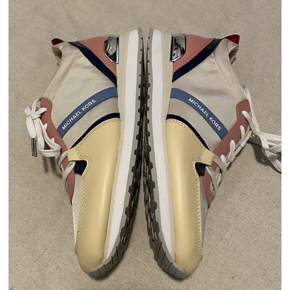 Michael Kors Womens Fashion Sneakers Size 9M MK Logo PVC Faux Leather Pink/Gold - Picture 2 of 10